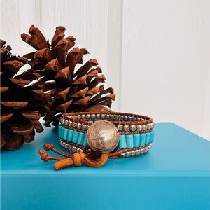 HANDCRAFTED ~ Genuine Turquoise Beaded Bracelet w/Leather Buffalo Head Nickel